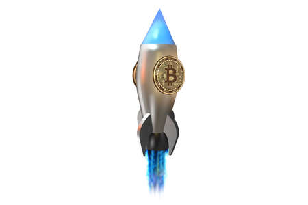 Bitcoins in blockchain cryptocurrency concept - 3 rendering