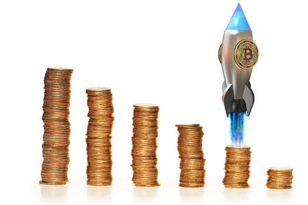 Bitcoins in blockchain cryptocurrency concept - 3 renderingの写真素材