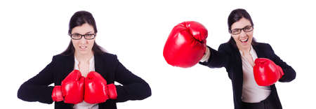 Young boxing businesswoman isolated on whiteの写真素材