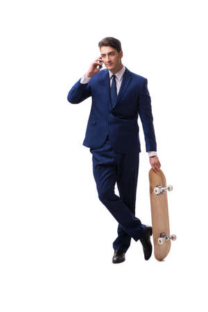 Businessman with skateboard isolated on white backgroundの写真素材