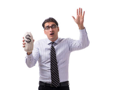 Young businessman with money sack isolated on white backgroundの写真素材