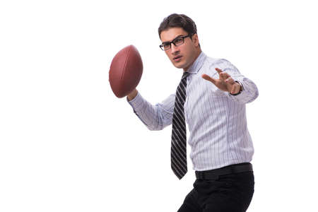 Young businessman with american football isolated on white