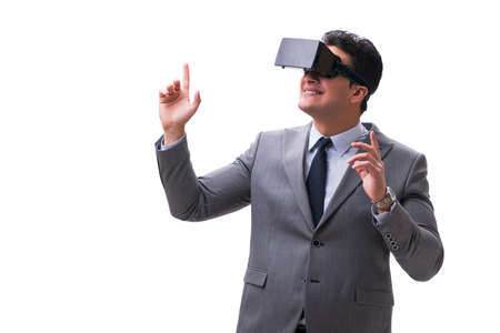 Businessman wearing virtual reality VR glasses isolated on white