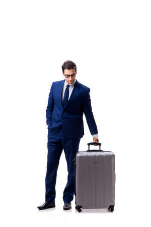 Young businessman with suitcase isolated on white backgroundの写真素材