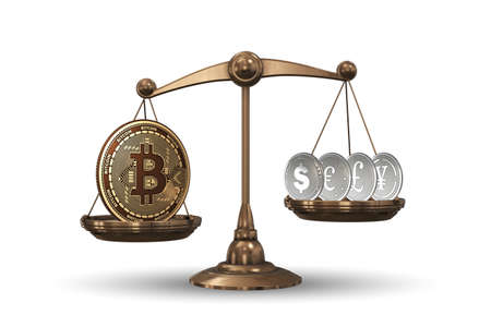 Scales with bitcoins and other currencies - 3d rendering