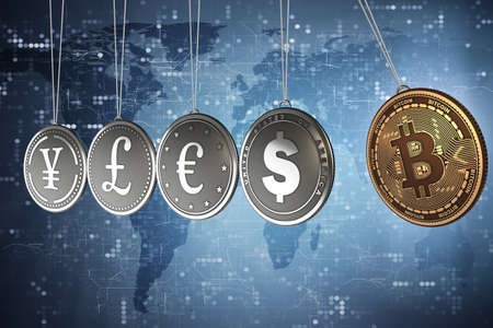 Bitcoins in blockchain cryptocurrency concept