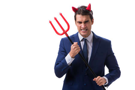 Evil devil businessman with pitchfork isolated on white backgroundの写真素材