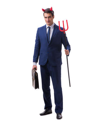 Evil devil businessman with pitchfork isolated on white backgroundの写真素材