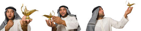 Arab man with lamp isolated on whiteの写真素材