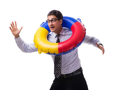 Young businessman with life buoy isolated on white backgroundの写真素材