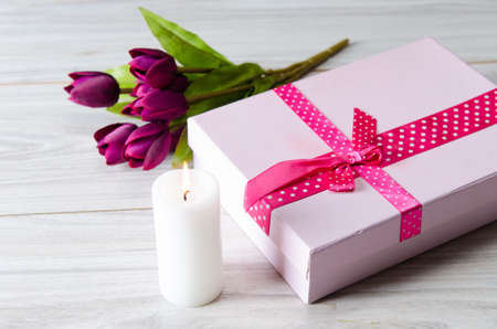 Giftbox arranged on the table in saint valentine holiday conceptの写真素材