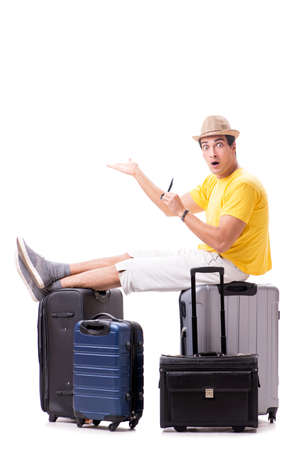 Happy young man going on summer vacation isolated on whiteの写真素材