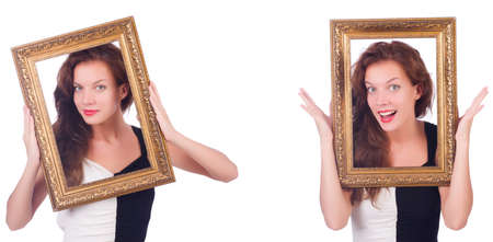 Woman with picture frame on whiteの写真素材