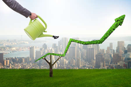 Businessman in investment concept watering financial line chartの写真素材