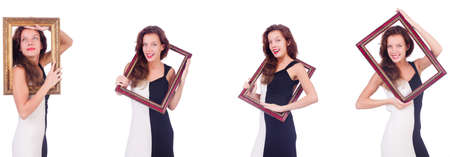 Woman with picture frame on whiteの写真素材