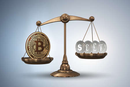 Scales with bitcoins and other currencies - 3d rendering