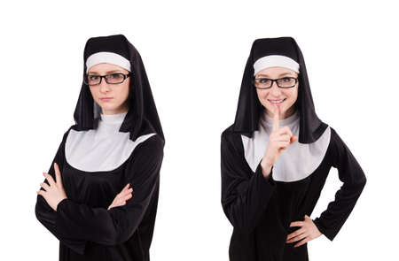Young serious nun isolated on whiteの写真素材