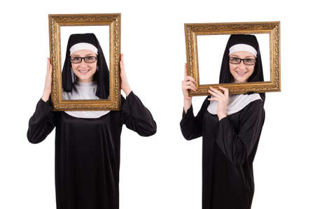 Young nun with frame isolated on whiteの写真素材
