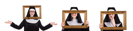Young nun with frame isolated on whiteの写真素材