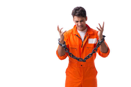 Prisoner with his hands chained isolated on white background