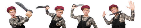 Funny soldier in military concept isolated on the white background