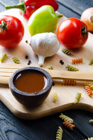 Ingredients ready for italian pasta sauceの写真素材