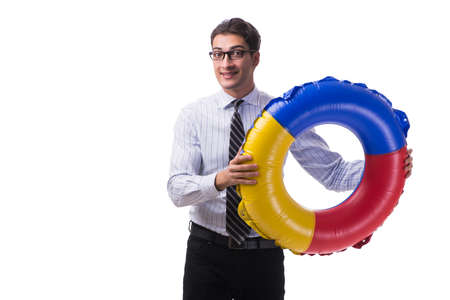Young businessman with life buoy isolated on white backgroundの写真素材