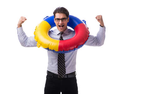 Young businessman with life buoy isolated on white backgroundの写真素材