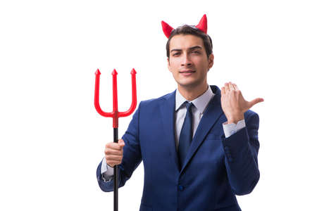 Evil devil businessman with pitchfork isolated on white background