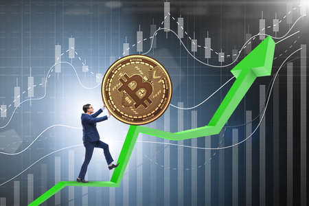 Businessman pushing bitcoin in cryptocurrency blockchain concept