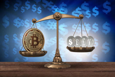 Scales with bitcoins and other currencies - 3d rendering