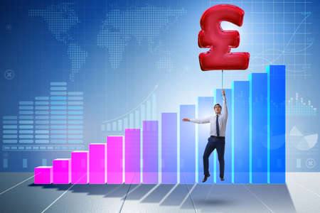 Businessman flying on british pound sign inflatable balloonの写真素材