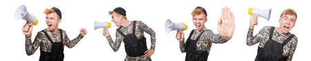 Funny soldier in military concept isolated on the white