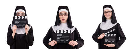 Nun with movie board isolated on whiteの写真素材