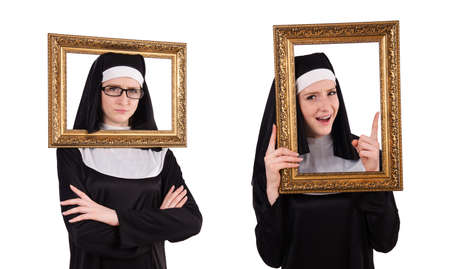 Young nun with frame isolated on whiteの写真素材