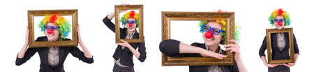 Funny clown girl with frame isolated on whiteの写真素材