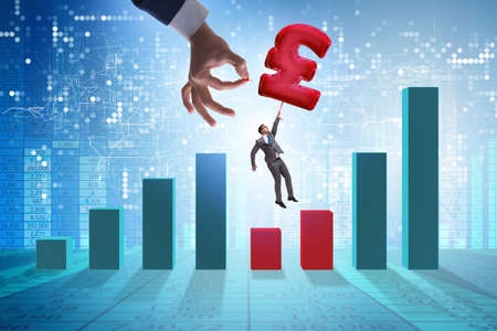 Businessman flying on british pound sign inflatable balloonの写真素材