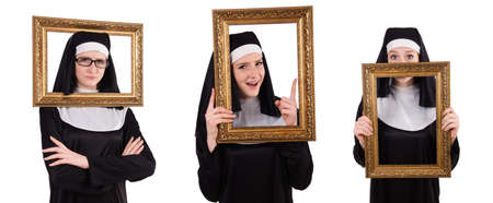 Young nun with frame isolated on whiteの写真素材