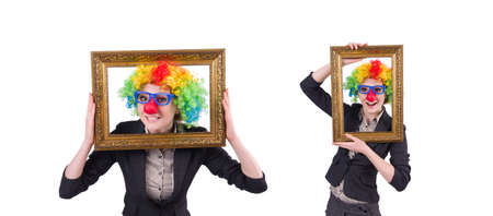Funny clown girl with frame isolated on whiteの写真素材