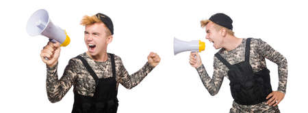 Funny soldier in military concept isolated on the whiteの写真素材