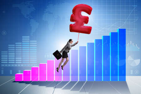 Businesswoman flying on british pound sign inflatable balloonの写真素材