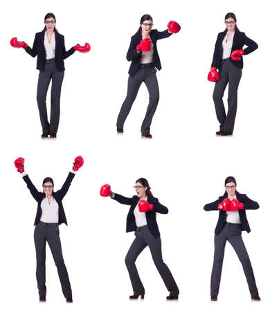 Young boxing businesswoman isolated on whiteの写真素材