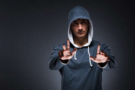 Innovation concept with young man pressing virtual buttonsの写真素材