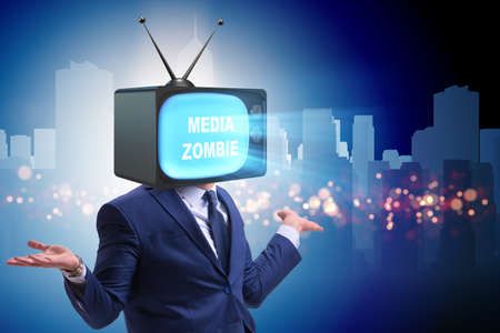 Man with television head in tv addiction conceptの写真素材