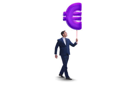 Businessman walking with inflatable euro sign isolated on whiteの写真素材