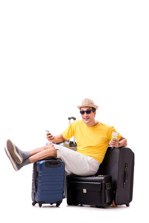 Happy young man going on summer vacation isolated on whiteの写真素材