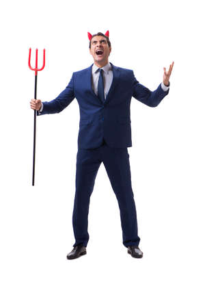Evil devil businessman with pitchfork isolated on white backgrouの写真素材