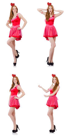 Pretty young model in mini pink dress isolated on whiteの写真素材