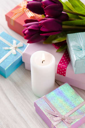 Giftbox arranged on the table in saint valentine holiday conceptの写真素材