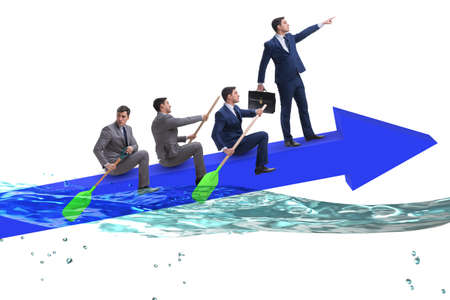 Teamwork concept with businessmen on boatの写真素材